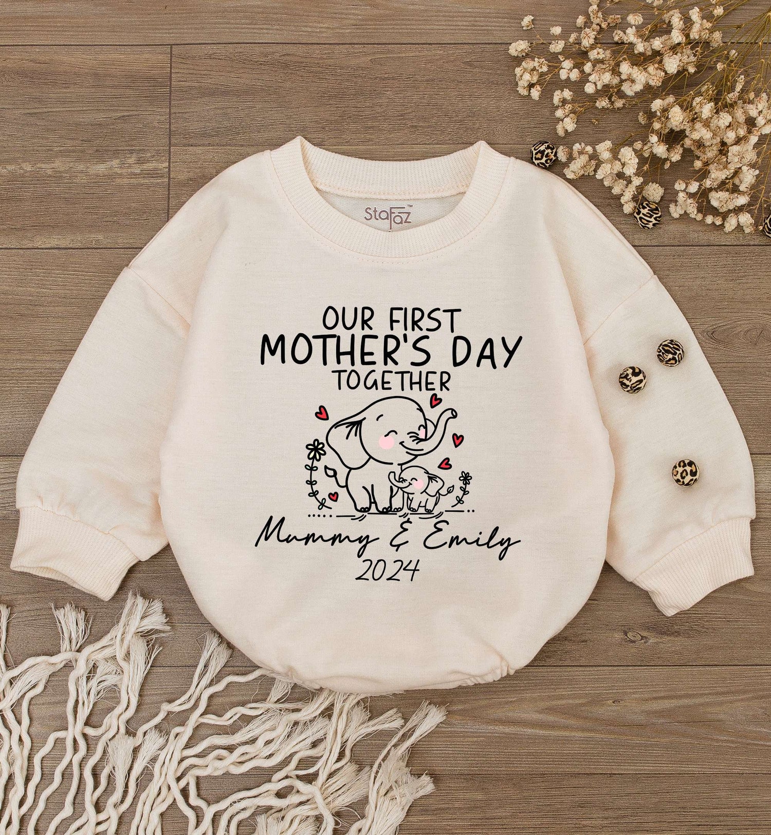 Custom First Mother's Day Elephant Baby Romper Personalized Bodysuit Baby Shower Gift image 1