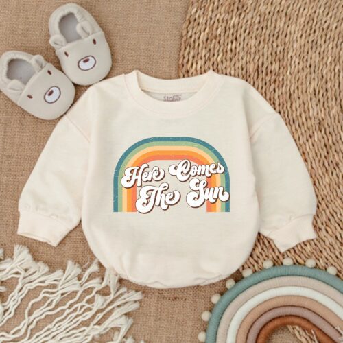 Retro Groovy One Romper Here Comes The Sun First Birthday Bodysuit for Girls image 0