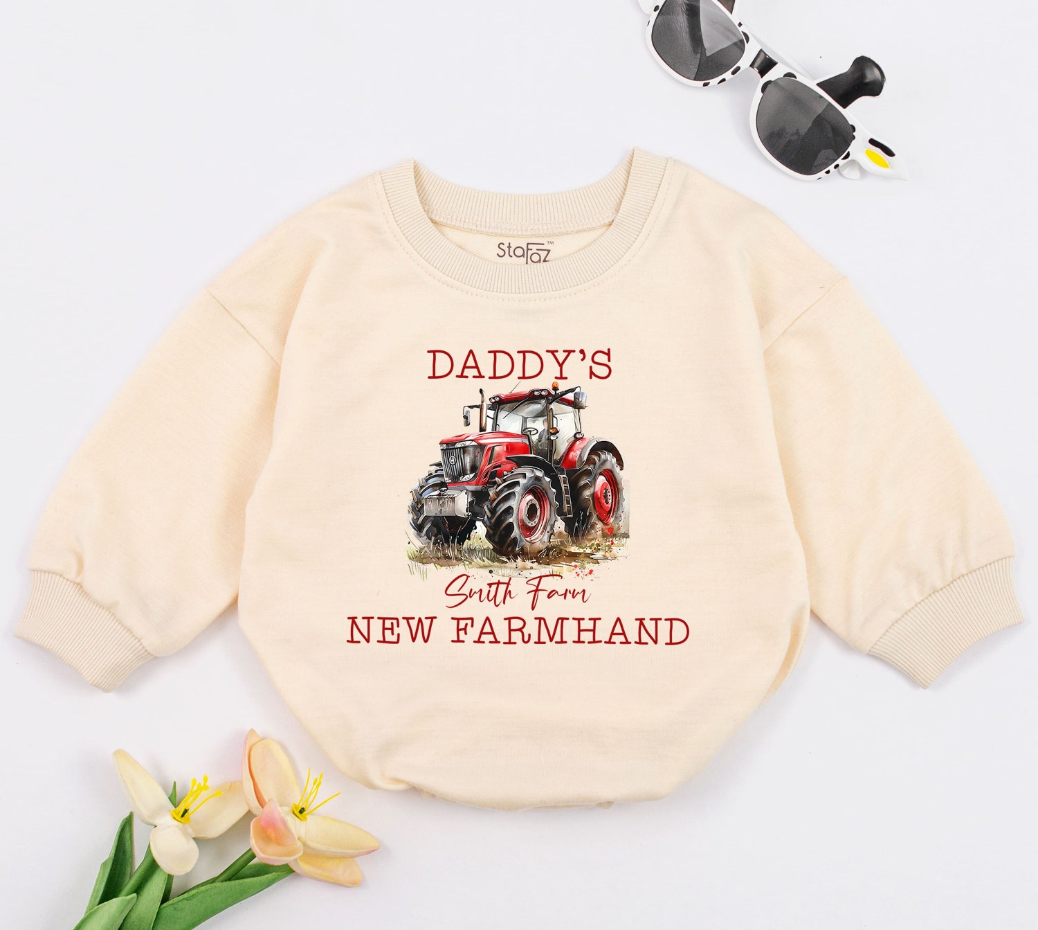 Personalized Farmhand Baby Romper Tractor Baby Clothes Farmer Baby Gift Baby Shower Outfit image 1