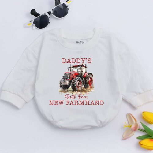 Personalized Farmhand Baby Romper Tractor Baby Clothes Farmer Baby Gift Baby Shower Outfit image 0