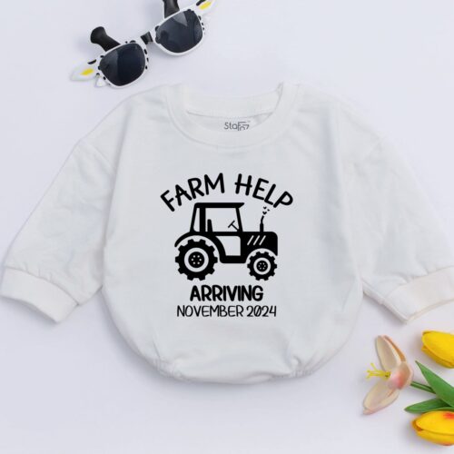 Personalized Baby Romper Farm Help Arriving Minimalist Baby Clothes Pregnancy Announcement Gift image 0