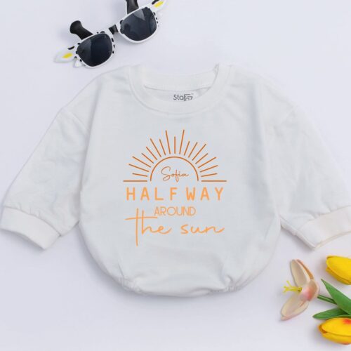 Half Way Around The Sun Baby Romper Baby Announcement Outfit 6 Months Baby Gift image 0