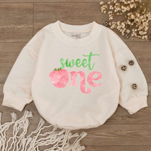 Sweet One Strawberry Baby Romper Cute Girl Birthday Outfit Retro Jumpsuit Baby Shower Gift image 0