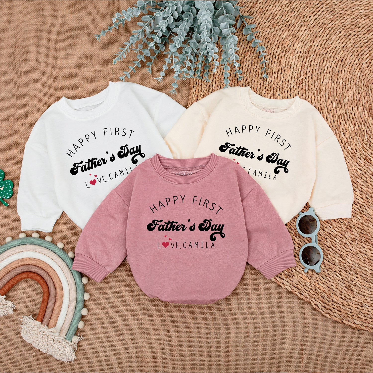 Personalized Happy First Father's Day Baby Romper Daddy & Me Natural Bodysuit Baby Girl Outfit image 3