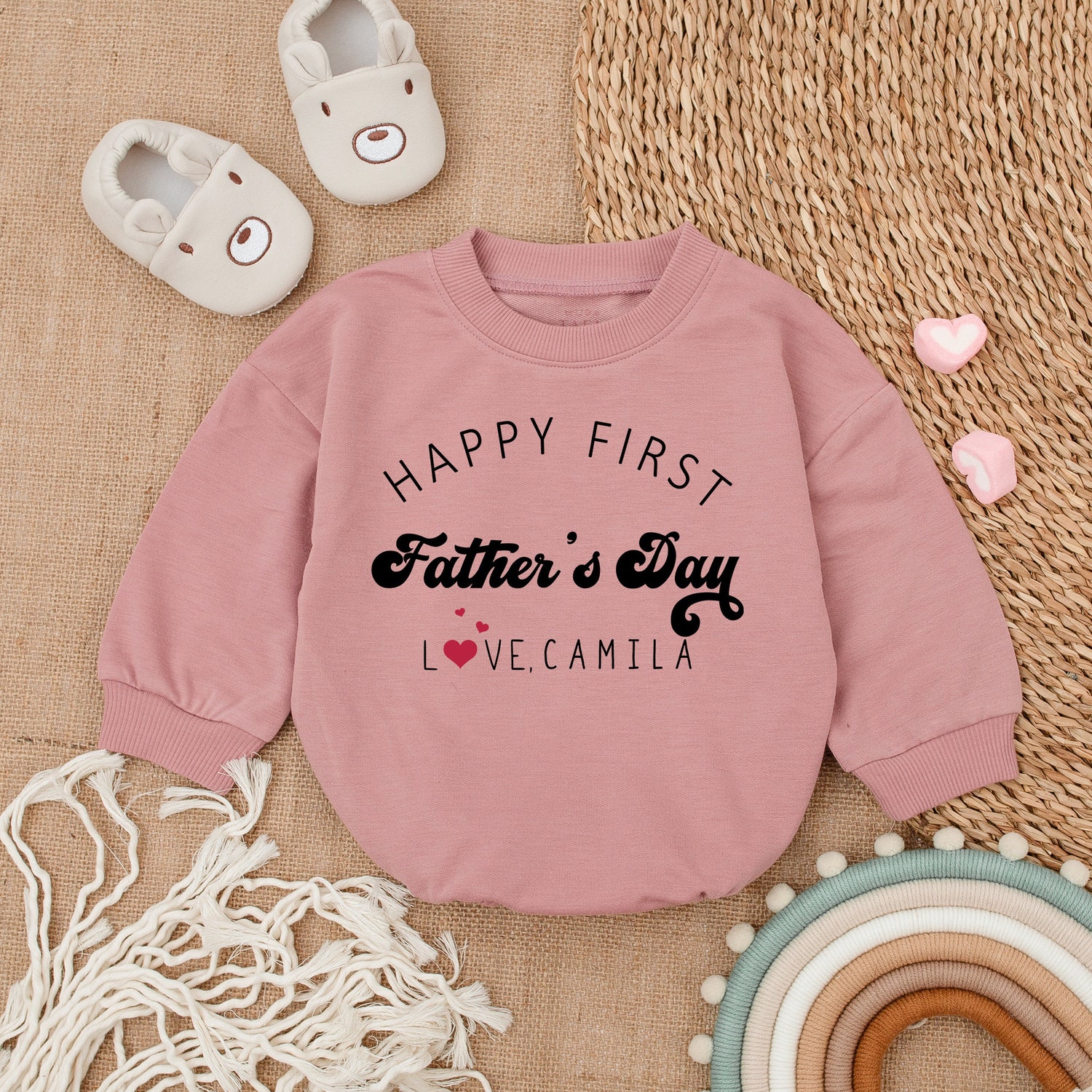 Personalized Happy First Father's Day Baby Romper Daddy & Me Natural Bodysuit Baby Girl Outfit image 2