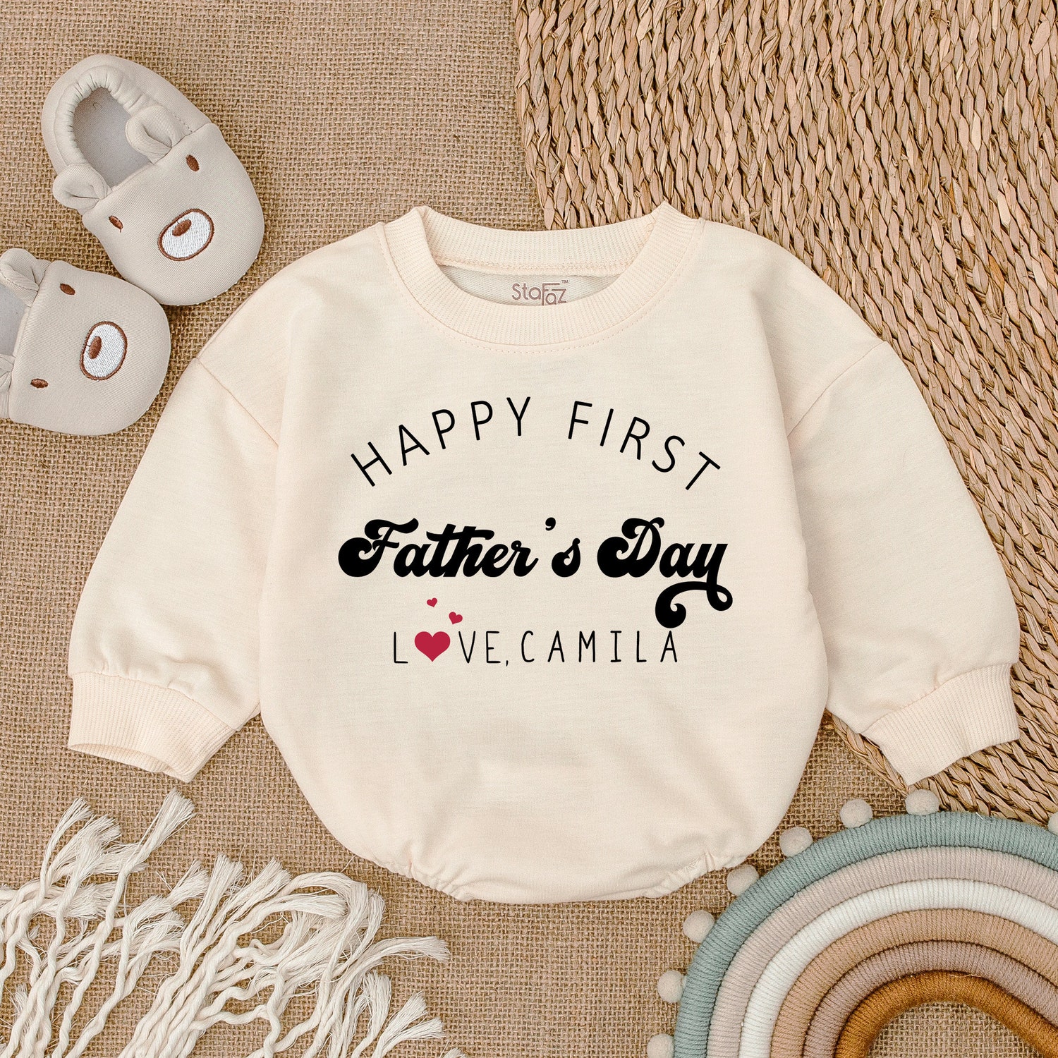 Personalized Happy First Father's Day Baby Romper Daddy & Me Natural Bodysuit Baby Girl Outfit image 1