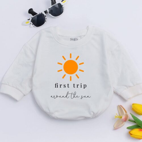 First Trip Around The Sun Baby Romper Adventure First Birthday Outfit Travel Baby Gift image 0