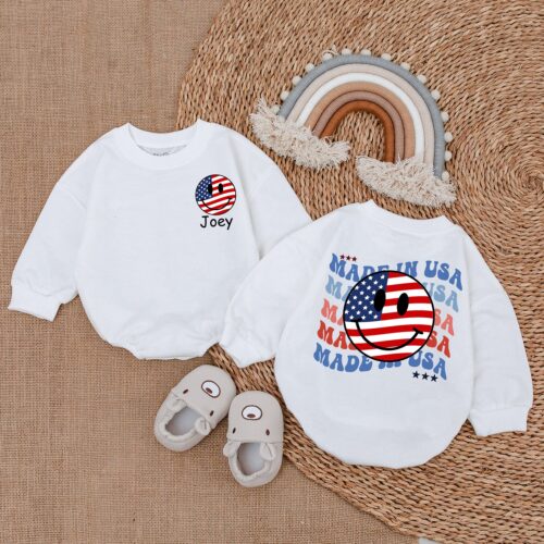 Custom USA 4th July Baby Clothes Patriotic Bubble Romper Newborn Outfit Baby Bodysuit image 0