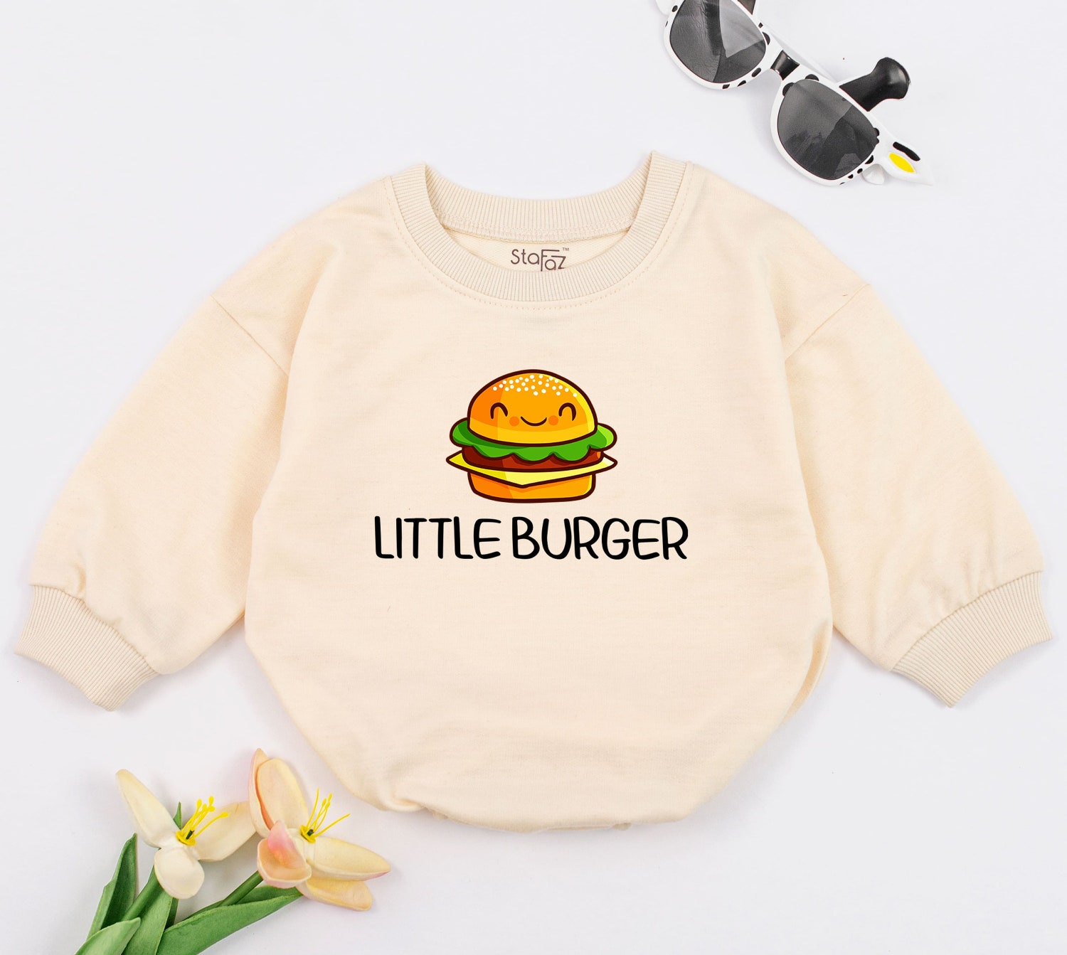 Little Burger Baby Romper Funny Foodie Baby Bodysuit Gift Hamburger Baby Outfit image 1