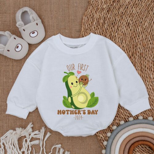 Our First Mother's Day Romper Newborn Bodysuit Gift from Baby Avocado Baby Girl Outfit image 0