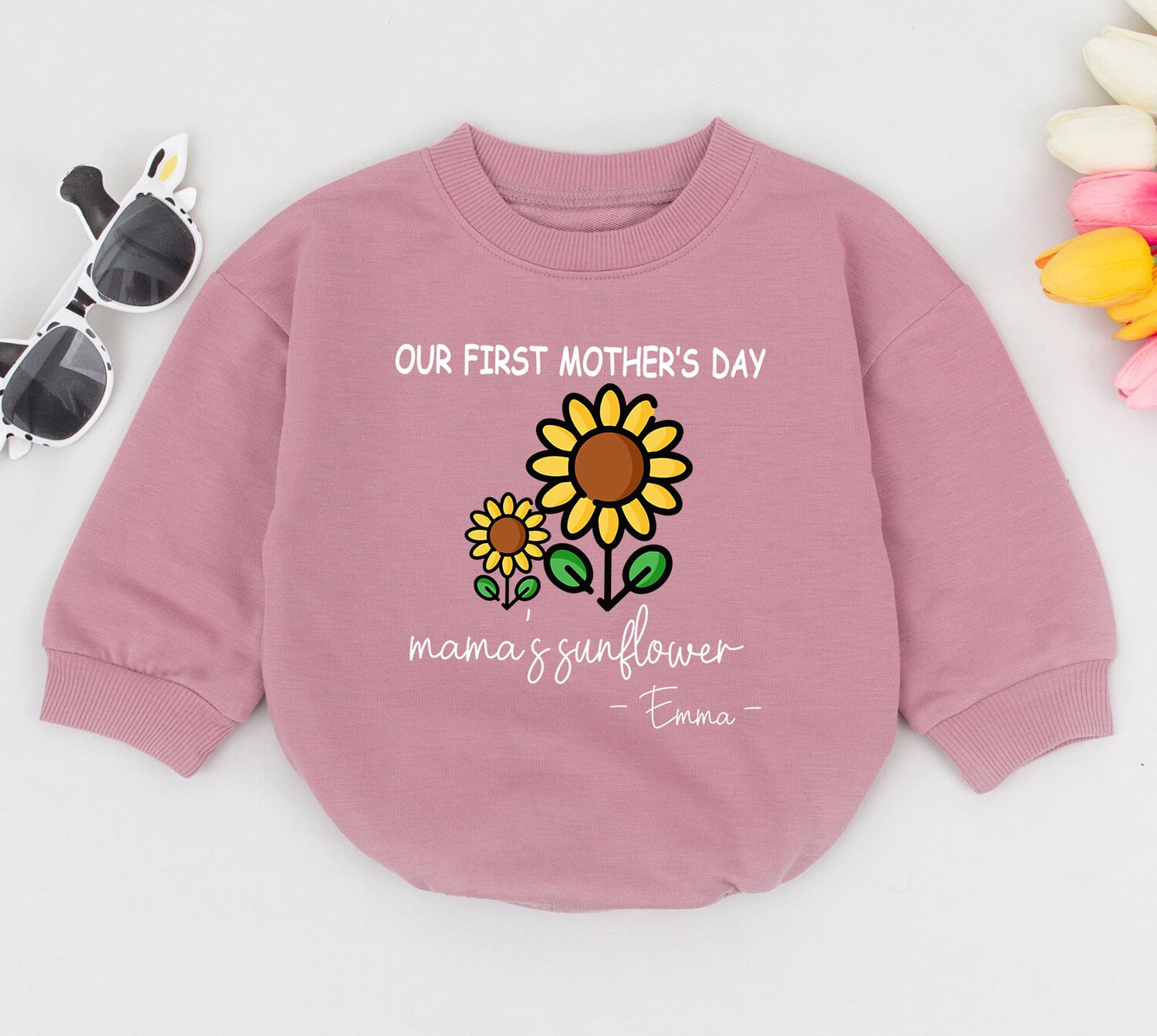 Personalized First Mother's Day Bubble Baby Romper Mother's Day Gifts Sunflower Baby Outfit image 2