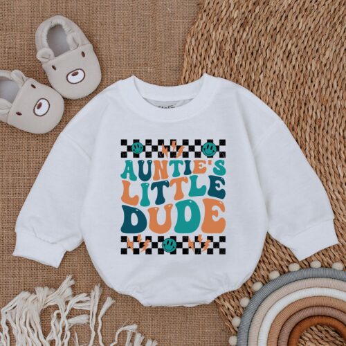 Auntie's Little Dude Romper Baby Boy Outfit Aunt Gift Bodysuit Baby Shower Gift image 0