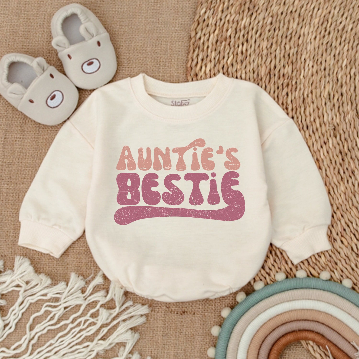 Auntie's Bestie Baby Romper Newborn Romper Gift from Aunt Pregnancy Announcement Outfit image 1