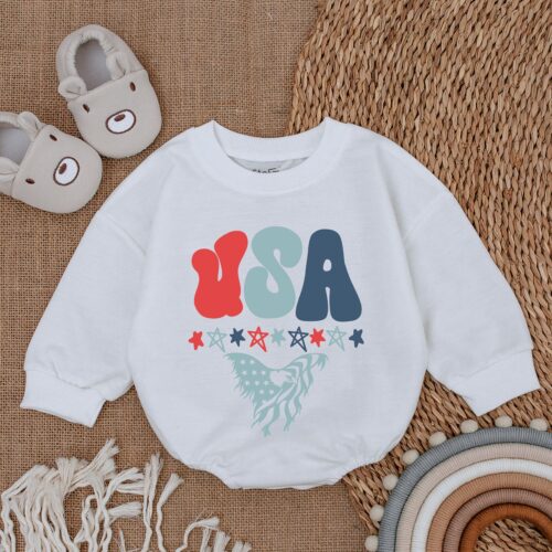 Retro USA 4th of July Baby Clothes Patriotic Bubble Romper Bodysuit Newborn Outfit image 0