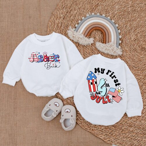 Personalized 4th of July Baby Romper Retro Patriotic Newborn Outfit Infant Bodysuit image 0