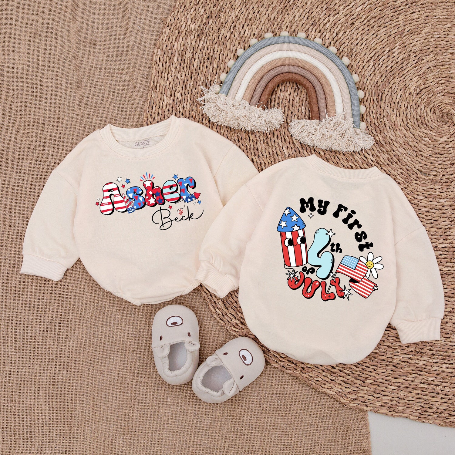 Personalized 4th of July Baby Romper Retro Patriotic Newborn Outfit Infant Bodysuit image 2