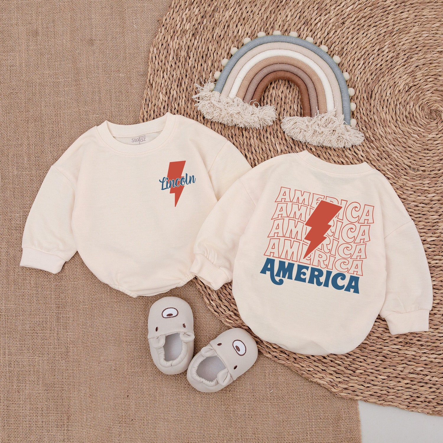 Personalized 4th of July Baby Romper Retro Patriotic Newborn Outfit USA Baby Bodysuit image 1