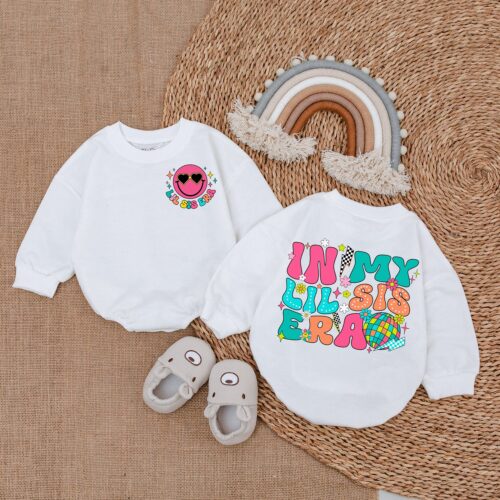 In My Lil Sis Era Baby Girl Bubble Romper Cute Baby Girl Outfit Little Sister Gift image 0