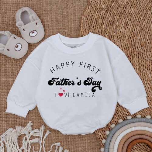 Personalized Happy First Father's Day Baby Romper Daddy & Me Natural Bodysuit Baby Girl Outfit image 0