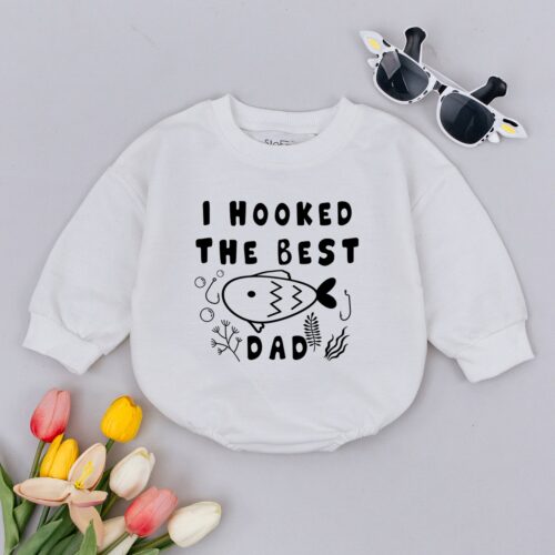 I Hooked The Best Dad Baby Romper Fishing Newborn Outfit Baby Shower Gift Fish Baby Bodysuit image 0