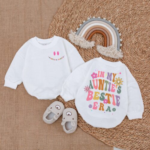 In My Auntie's Bestie Era Baby Romper Newborn Outfit Gift from Aunt Pregnancy Announcement image 0