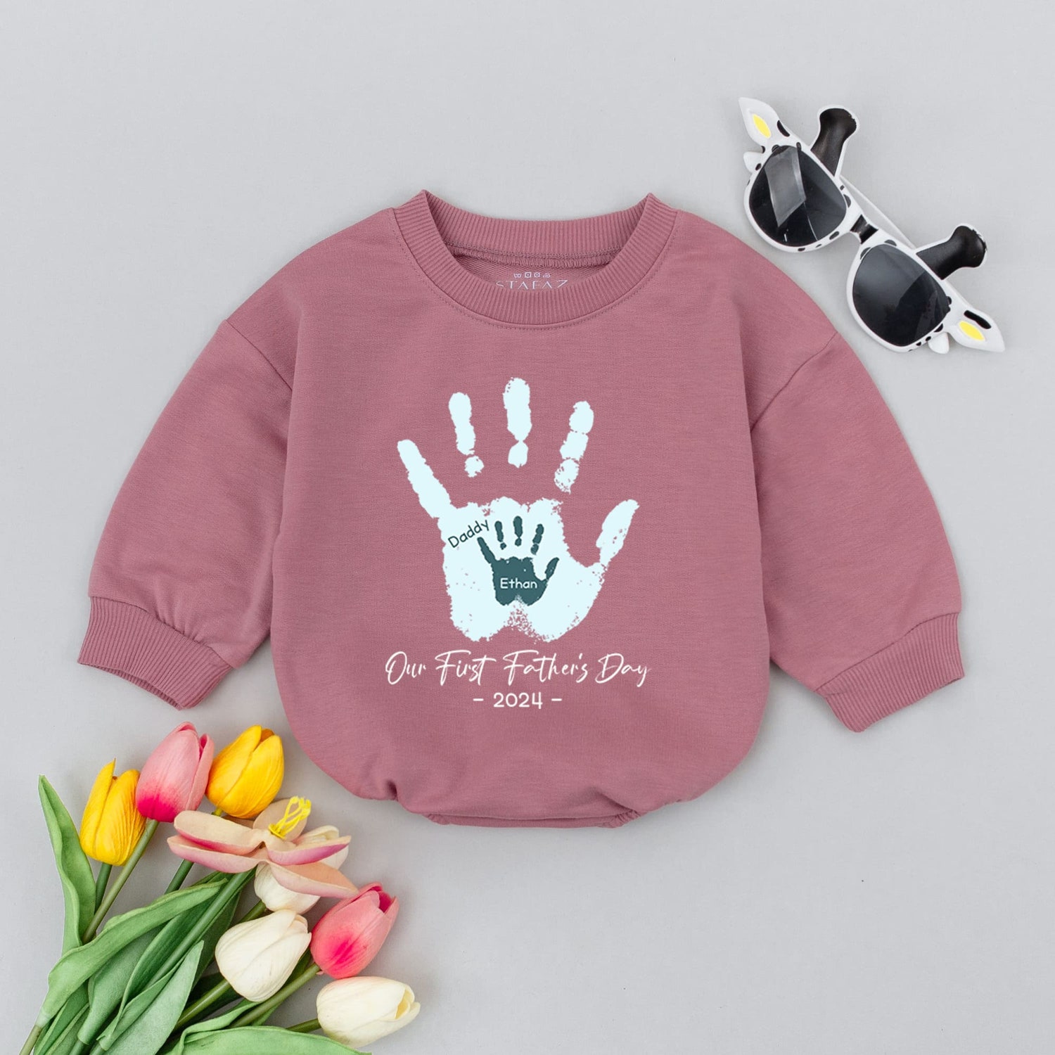 Personalized First Father's Day Romper Dad & Baby Handprint Father's Day Gift Baby Clothes image 1