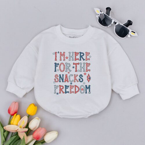 I'm Here for The Snacks and Freedom Baby Romper Fourth of July Baby Clothes Cute July 4th Baby Gift image 0