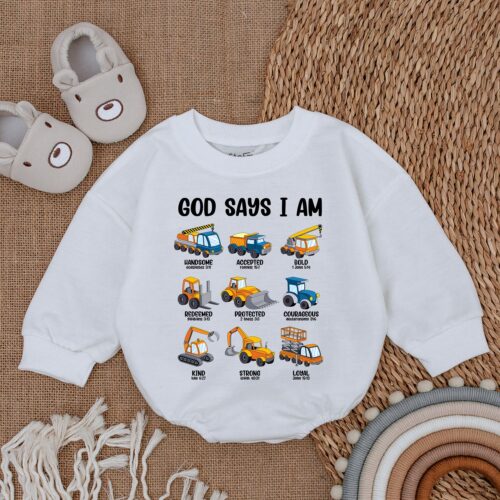 God Says I Am Baby Christian Bodysuit Gender Reveal Outfit Baby Shower Gift Baptism Romper image 0