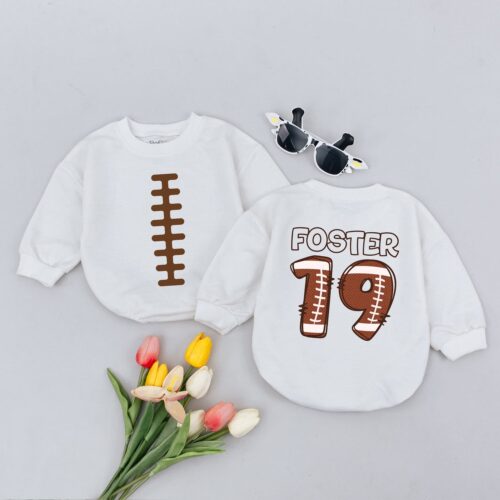 Custom Football Baby Romper with Name and Number Personalized Baby Outfit Football Baby Clothes image 0