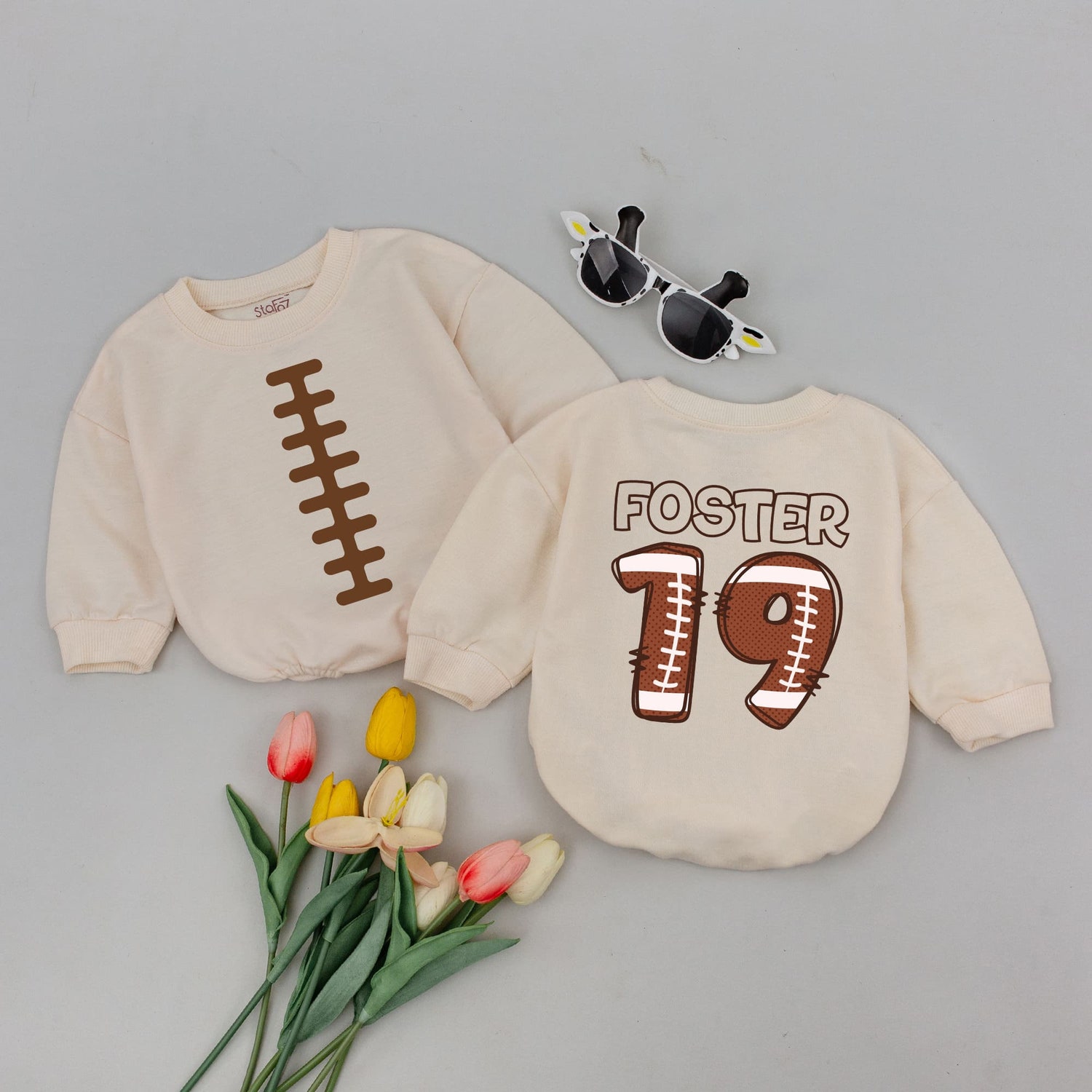 Custom Football Baby Romper with Name and Number Personalized Baby Outfit Football Baby Clothes image 1