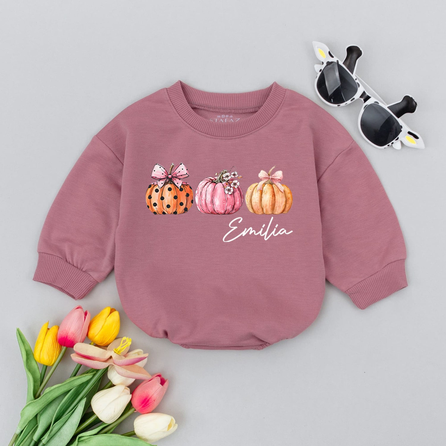 Halloween Pumpkin Baby Romper Fall Thanksgiving Baby Girl Outfit Monogrammed Custom Baby Gift image 1