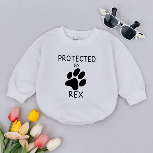 Protected by Pets Baby Romper Personalized Newborn Gift New Best Friend Sibling Bodysuit image 0