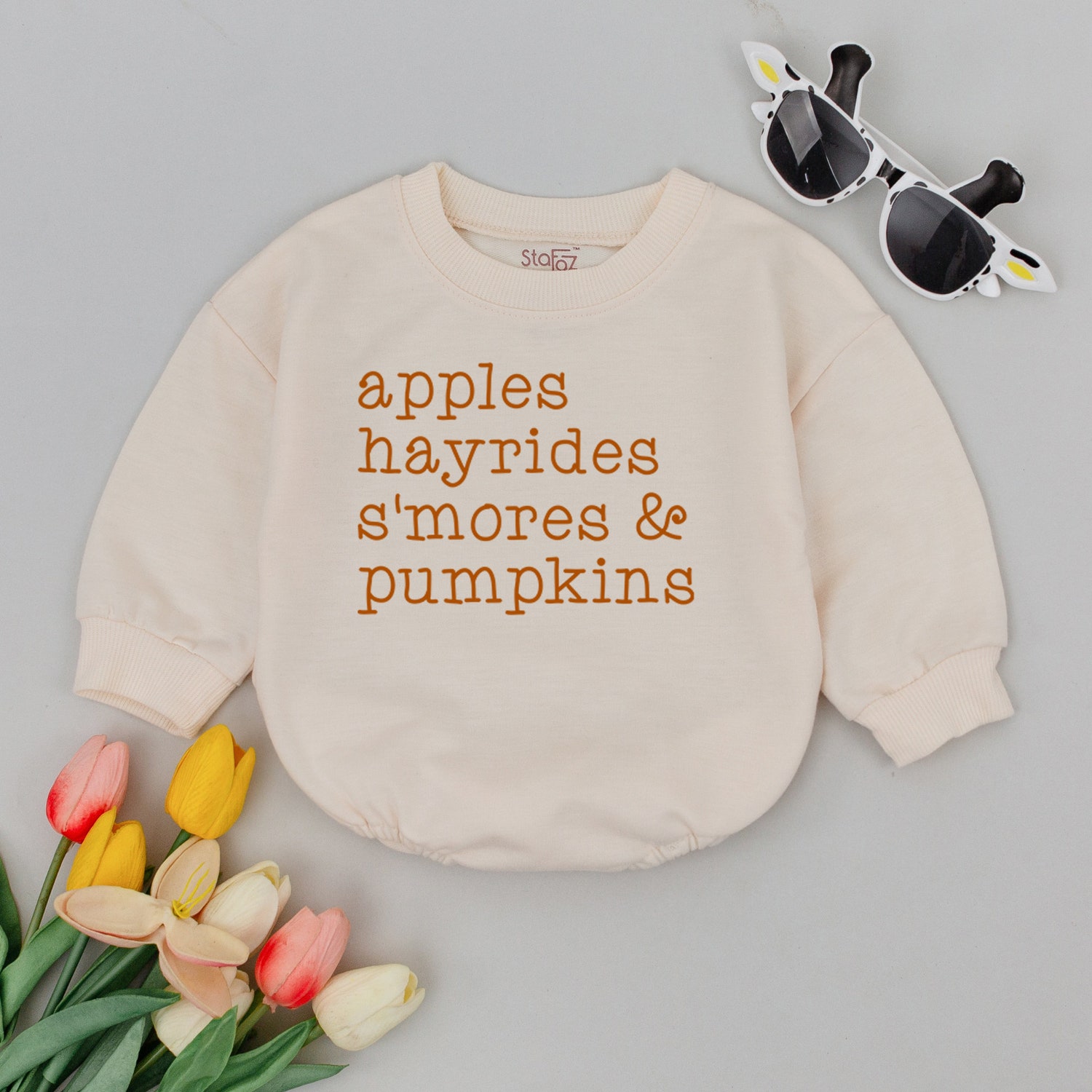 Retro Fall Baby Romper Apples Hayrides S'mores Pumpkins Vintage Autumn Bodysuit Thanksgiving Baby Shower Gift image 1