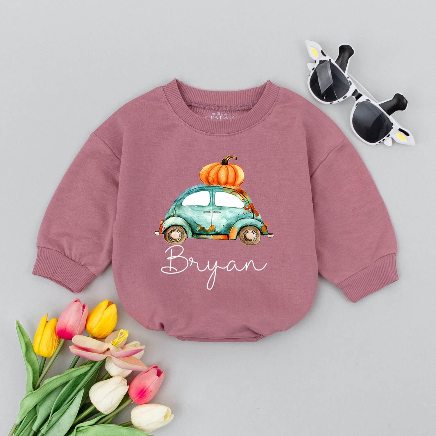 Personalized Boho Fall Tractor Baby Romper Watercolor Truck Infant Outfit Pumpkin Baby Clothes image 2