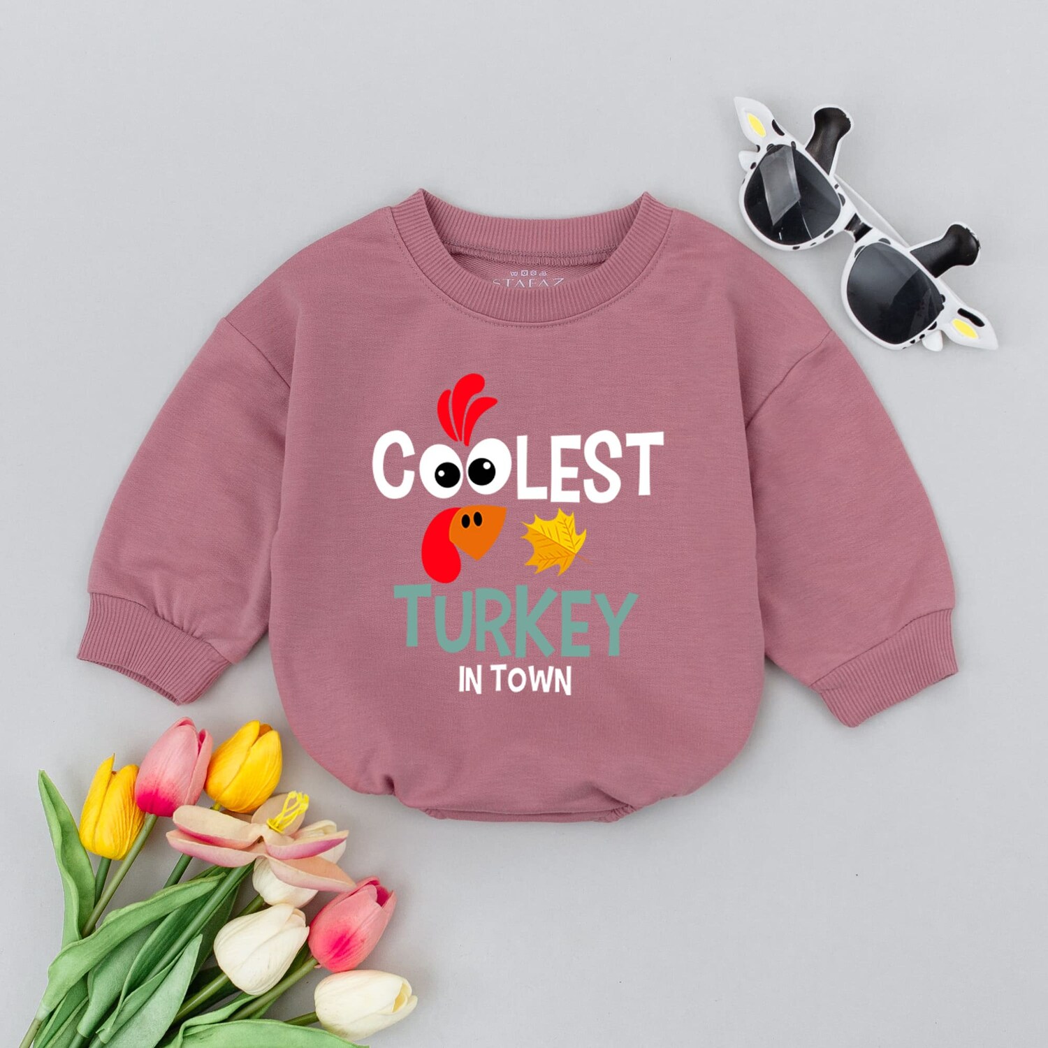 Coolest Turkey In Town Baby Romper Retro Fall Thanksgiving Bodysuit Funny Baby Shower Outfit image 3