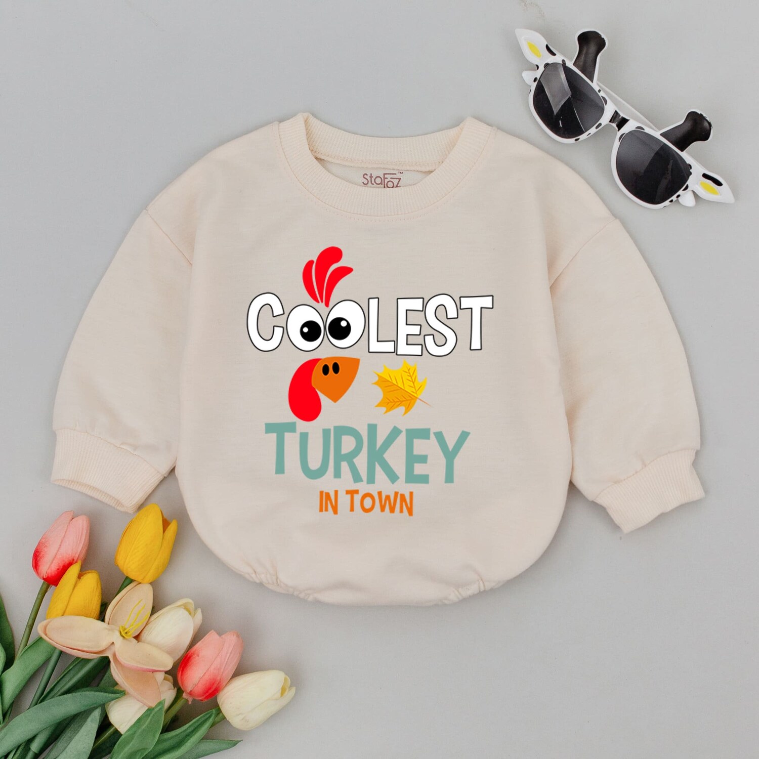 Coolest Turkey In Town Baby Romper Retro Fall Thanksgiving Bodysuit Funny Baby Shower Outfit image 2