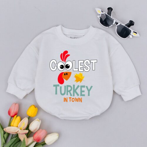 Coolest Turkey In Town Baby Romper Retro Fall Thanksgiving Bodysuit Funny Baby Shower Outfit image 0