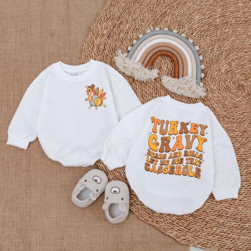 Thanksgiving Turkey Gravy Baby Romper Fall Bodysuit First Thanksgiving Outfit Baby Shower Gift image 0