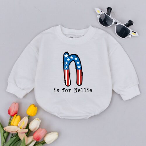 Personalized July 4th Baby Romper Patriotic Infant Bodysuit Independence Day Outfit image 0