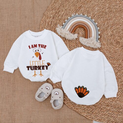 Little Turkey Romper Thanksgiving Infant Outfit Fall Baby Shower First Thanksgiving image 0