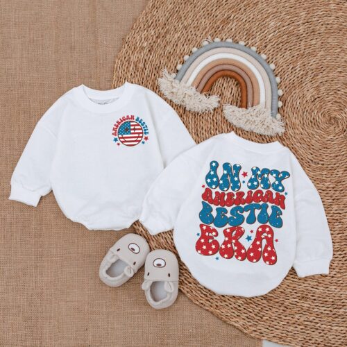 Patriotic Baby Romper Retro 4th of July Bodysuit American Bestie Newborn Outfit image 0