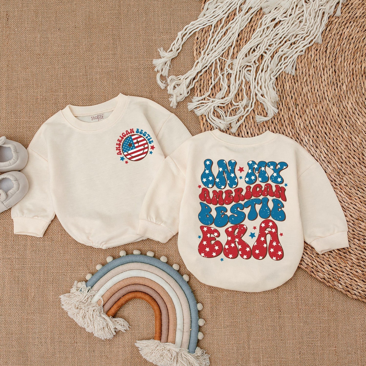 Patriotic Baby Romper Retro 4th of July Bodysuit American Bestie Newborn Outfit image 1