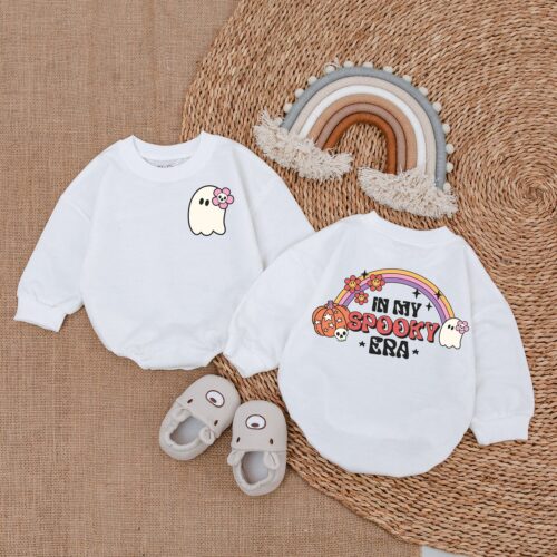 Spooky Retro Ghost Baby Bodysuit Cute Halloween Romper First Halloween Outfit image 0