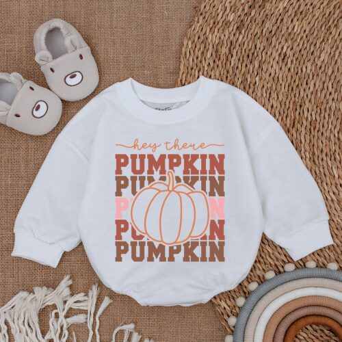 Hey There Pumpkin Baby Romper Thanksgiving Infant Outfit Fall Baby Shower Gift image 0