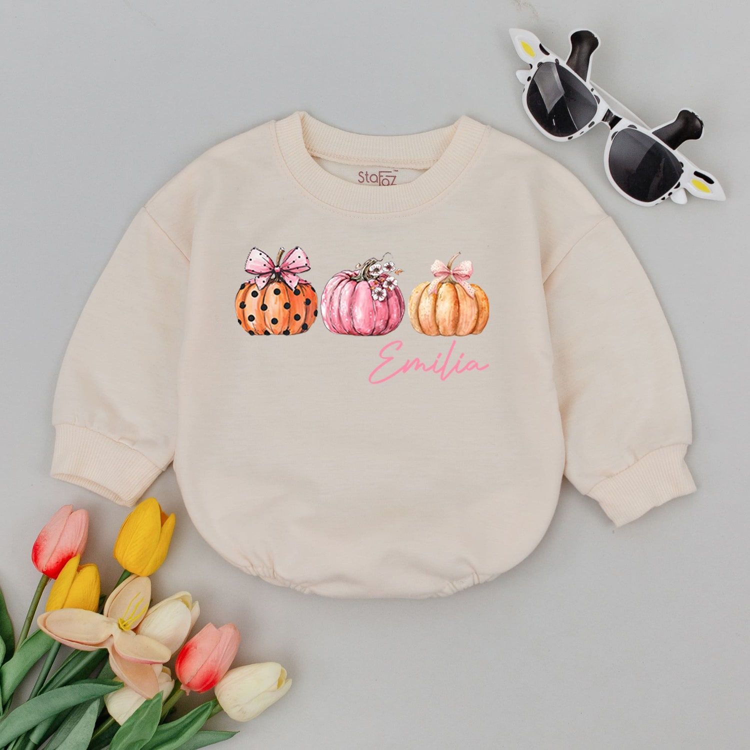 Halloween Pumpkin Baby Romper Fall Thanksgiving Baby Girl Outfit Monogrammed Custom Baby Gift image 3