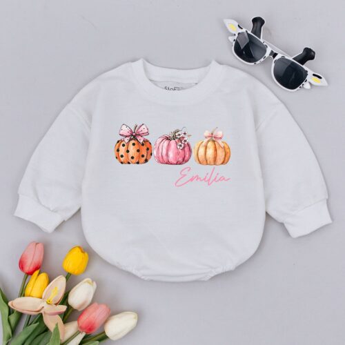 Halloween Pumpkin Baby Romper Fall Thanksgiving Baby Girl Outfit Monogrammed Custom Baby Gift image 0