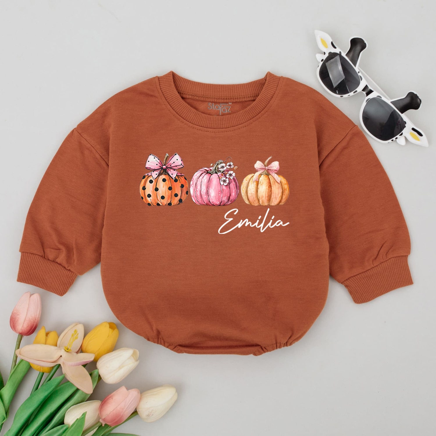 Halloween Pumpkin Baby Romper Fall Thanksgiving Baby Girl Outfit Monogrammed Custom Baby Gift image 2