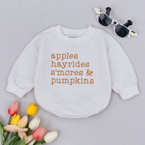 Retro Fall Baby Romper Apples Hayrides S'mores Pumpkins Vintage Autumn Bodysuit Thanksgiving Baby Shower Gift image 0