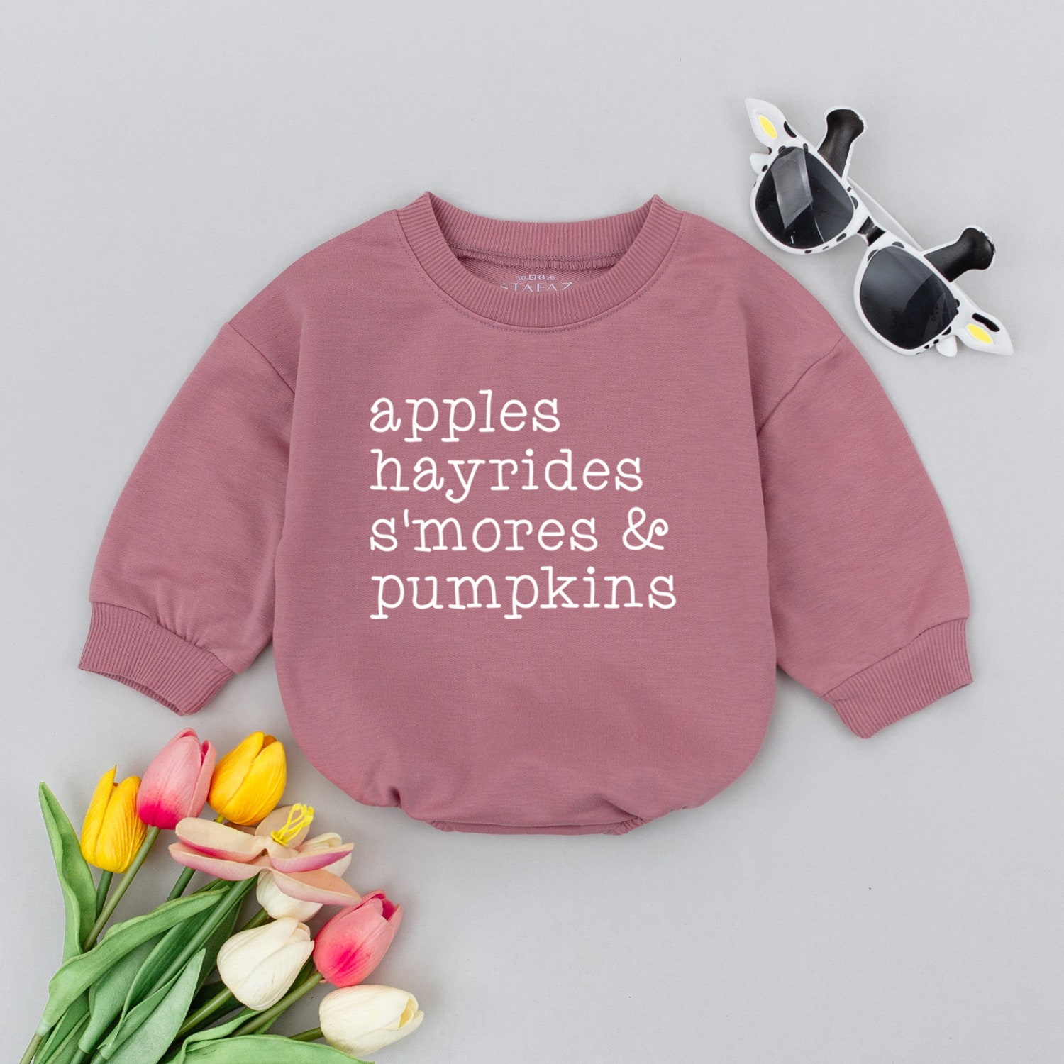 Retro Fall Baby Romper Apples Hayrides S'mores Pumpkins Vintage Autumn Bodysuit Thanksgiving Baby Shower Gift image 2