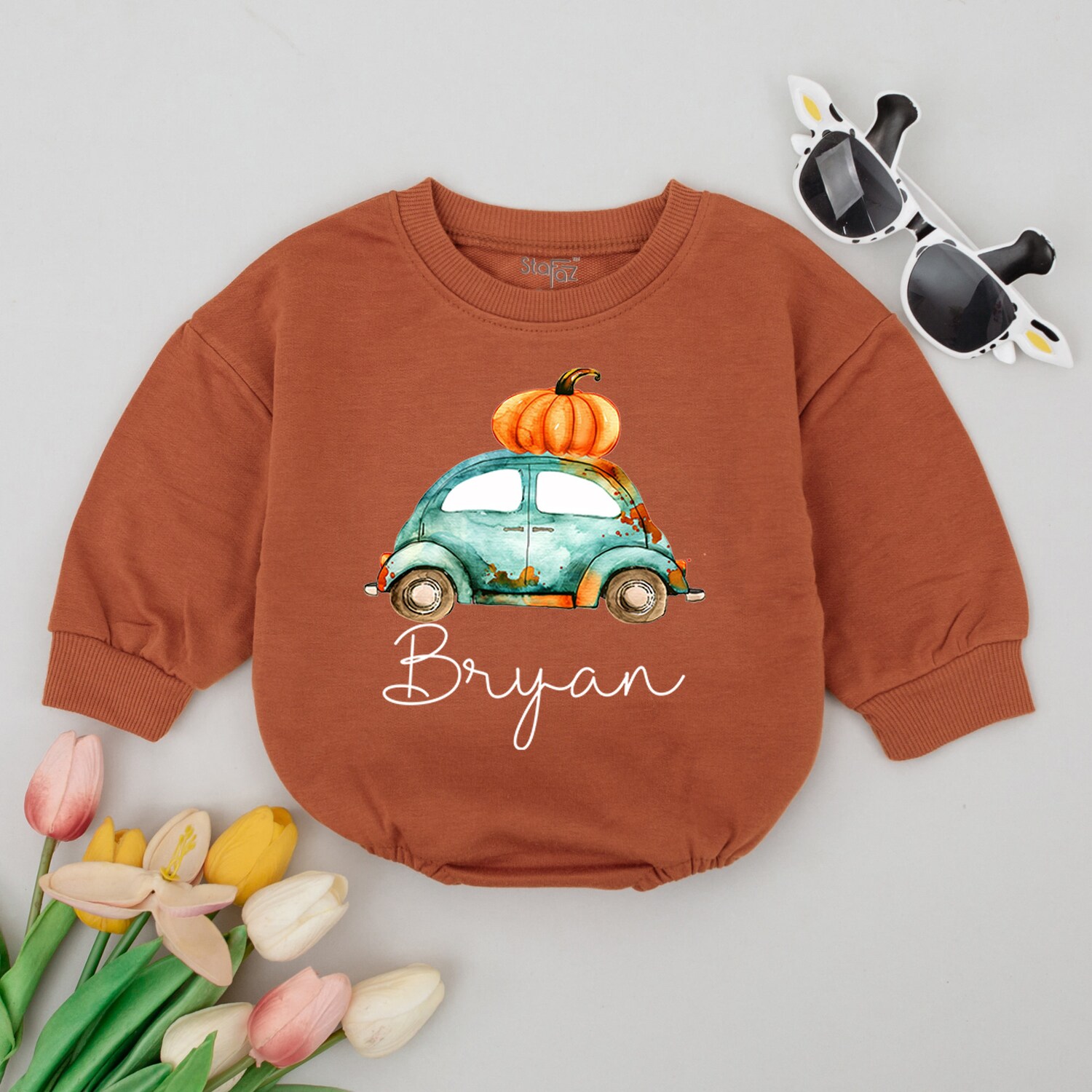 Personalized Boho Fall Tractor Baby Romper Watercolor Truck Infant Outfit Pumpkin Baby Clothes image 1